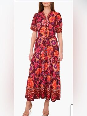 NWOT Floral Tiered Maxi Dress in Burgundy and Orange